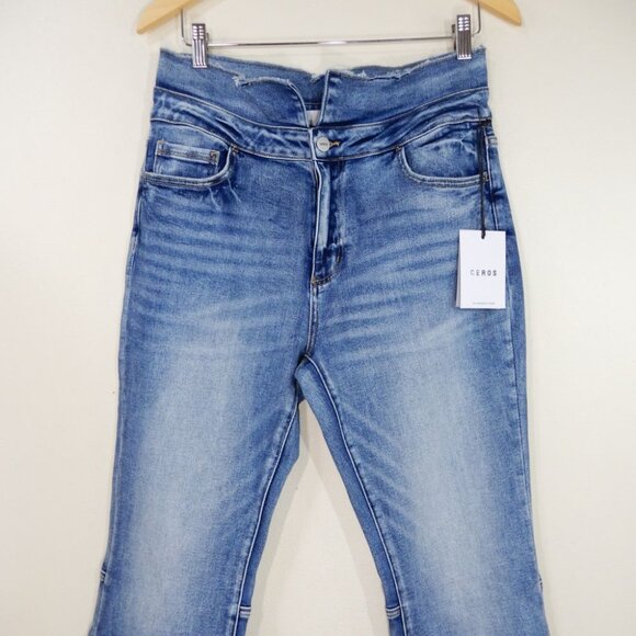 CEROS Mid Rise Super Flare JEANS Size 31 Blue Denim Back Slit NEW - Picture 6 of 12